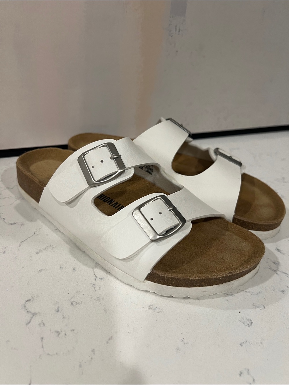 Cushionaire white double-buckle cork footbed slide sandals size 8.5